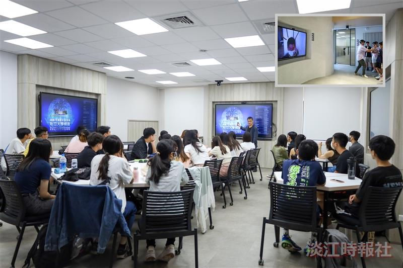 Renwu Senior High School students visit the Artificial Innovative Intelligence College's real-world field, listening to Dean Tzung-Hang Lee's explanation and experiencing the integration of virtual and reality.