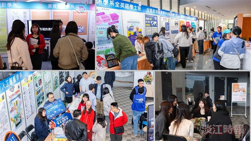 8 colleges held exhibitions on different floors of the Hsu Shou-Chlien International Conference Center; (bottom right) the Office of International Affairs set up a “Chat Corner,” where high school students interacted with senior students to learn about study abroad experiences.