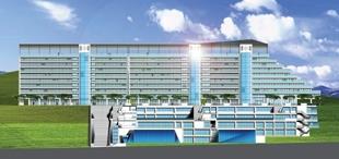 即將於七月初正式動工的蘭陽校園，第一期將先蓋宿舍大樓、教學大樓、餐廳和國際會議廳，地上物工程立面圖壯觀雄偉。