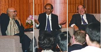 Pico Iyer (Center) the writer of the book "The Global Soul" held a round table talk with Dr. Clement Chang, the Founder of TKU (right) and Sohail Inayatullah (left), the research fellow of the Graduate Institute of Future Studies of TKU last Thursday at the Ching Sheng International Conference Hall. During which, Dr. Chang asked Iyer for the solutions to the worldwide conflicts we are witnessing today.