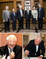 （上圖�馮文星攝）張創辦人與洛夫先生相談甚歡，並與校長張家宜、學術副校長陳幹男、行政副校長高柏園、董事會主任秘書周新民合影。（左下圖�涂嘉翔攝）洛夫先生於覺生國際會議廳與在場師生談「感受詩歌之美」。（右下圖�洪翎凱攝）洛夫先生在文錙藝術中心現場揮毫。