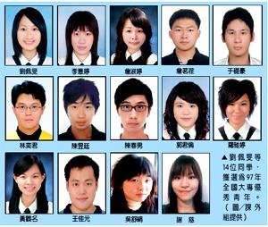 劉佩旻等14位同學獲選為97年全國大專優秀青年。（圖�課外組提供）