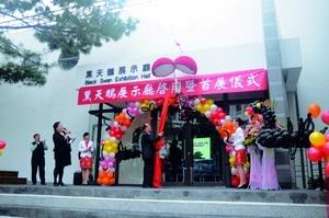創辦人張建邦博士於2月23日為黑天鵝展示廳拉下揭幕彩球，黑色羽毛從天而降，掀起高潮。他希望淡江人居安思危，努力找到正面的黑天鵝。（攝影�洪翎凱）