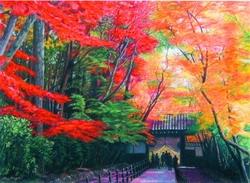 文錙藝術中心舉辦「亞洲當代繪畫聯盟展」，許多知名畫家參展，上圖為日本國寶級大師古賀正夫的《光明寺的紅葉》粉彩作品。（圖�文錙藝術中心提供）