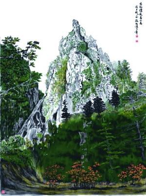 文錙藝術中心副主任張炳煌於「  筆書畫藝術展」中，展出的作品「茂松高岩」。（圖�文錙藝術中心提供）