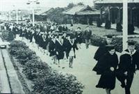 民國57年6月，首屆新制夜間部畢業生遊園，當時宮燈道旁的柏樹還是幼小樹苗，現已高過屋簷。（本報資料照片、曾煥元翻拍）
