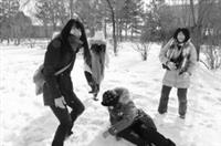 張友柔（左一）在吉林大學時與同學在雪中開心打雪仗！