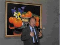 台北市立美術館館長黃才郎特地蒞校為當代名家油畫精品展剪綵，並致詞。