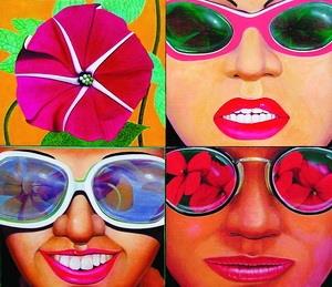 “They Love Big Flowers,” an oil painting by artist Liu Hsien-chung, was exhibited in “Taipei Modern Art Exhibition,” Carrie Chang Fine Arts Center. The bright flowers reflecting on the sunglasses of young girls reveal the humor of post-POP art.
