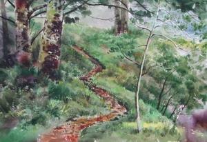 The painting entitled “Deer Path” by Horng Tung Biao, the Chair of the Chinese Asia Pacific Water Color Association is on display at CCFAC currently. The winding path that stretches through the dense forest in the morning mist shows the serenity of nature. ( ~Ying-hsueh Hu )