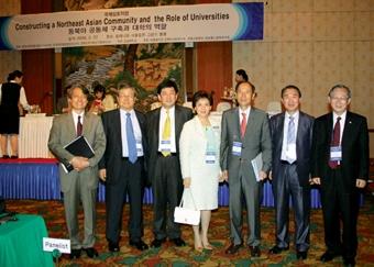 President Flora C. I. Chang and several other university presidents, posed for a picture at NAFUP conference hall. Third from the right is Dr. Jae Kyu Park, President of Kyungnam University President.